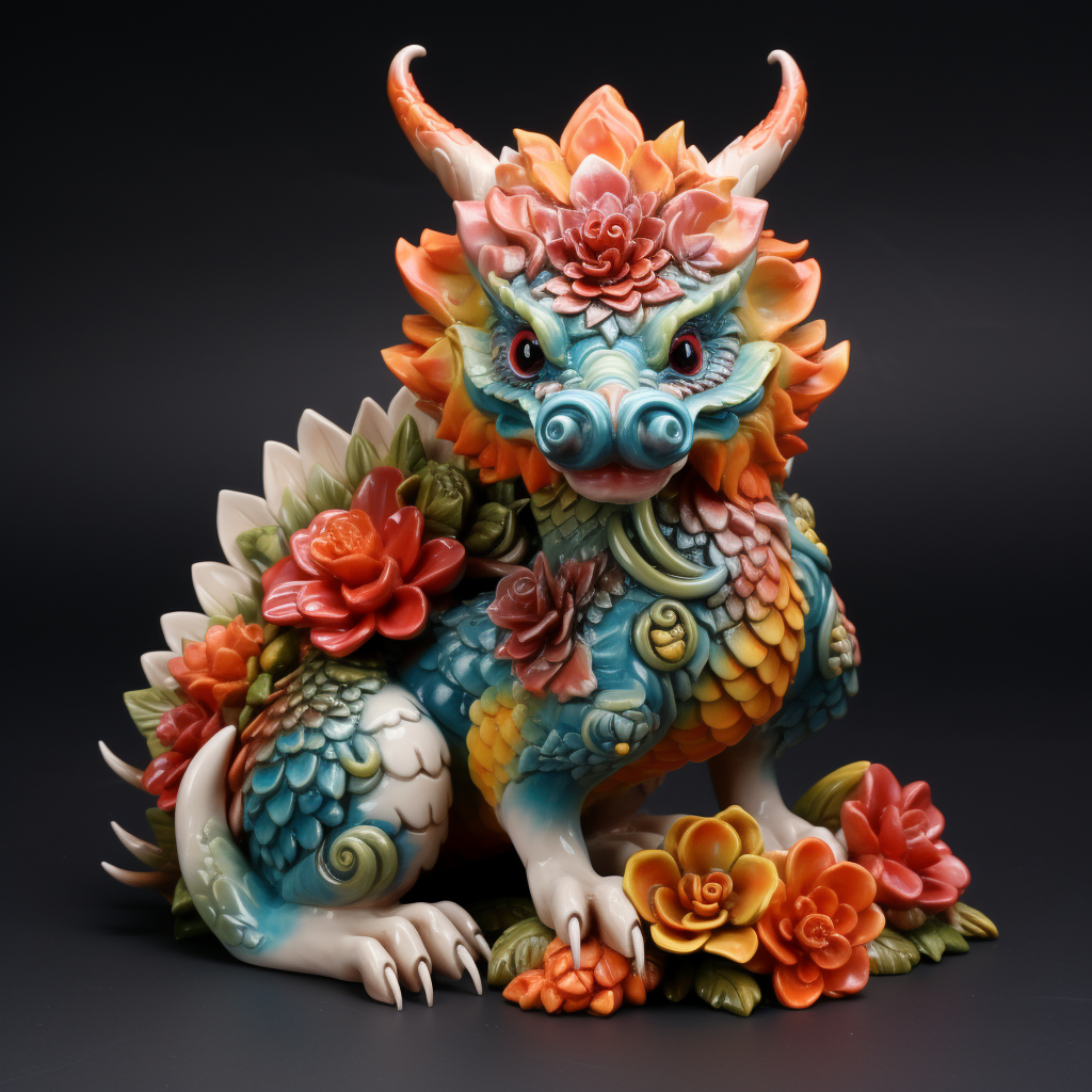 Chinese ceramic dragon with flowers and cones