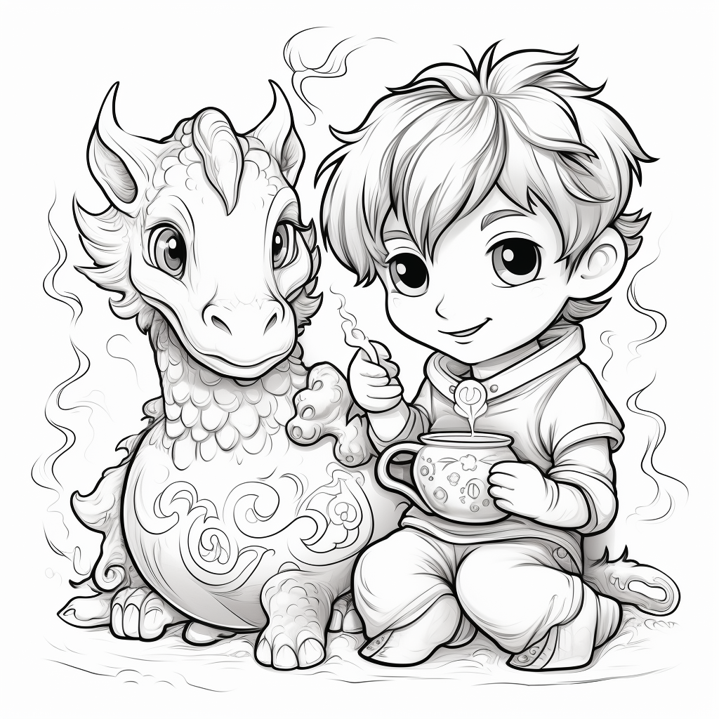 Coloring Book Page with Cute Dragon, Unicorn, and Genie Lamp