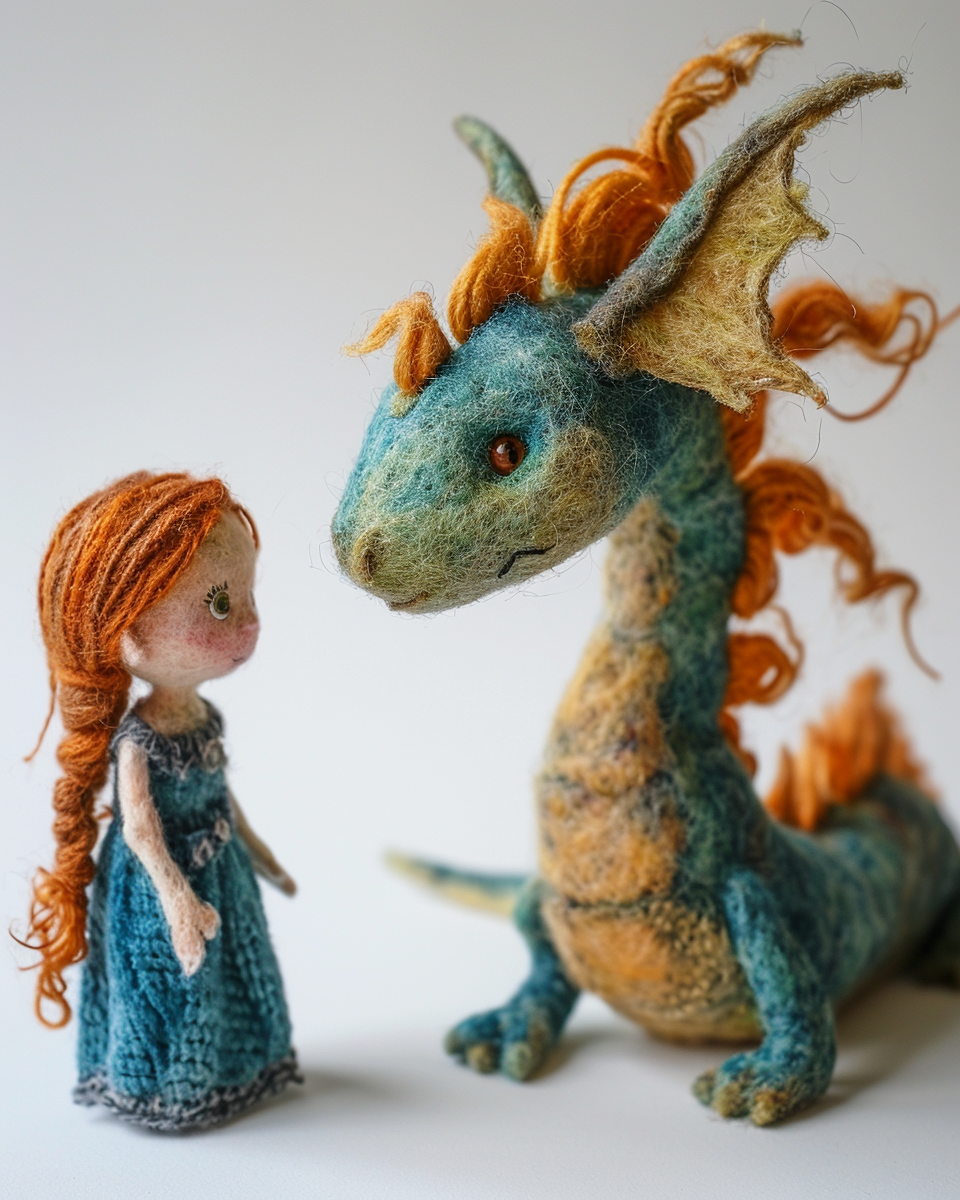 Adorable felted dragon and girl