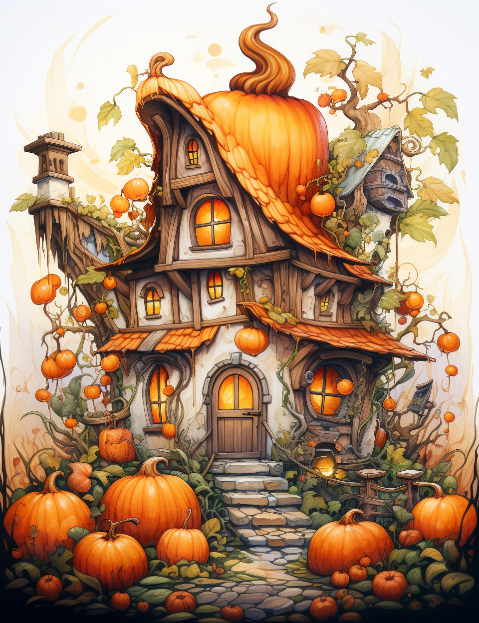 Hyper-realistic colored pumpkin house sketch