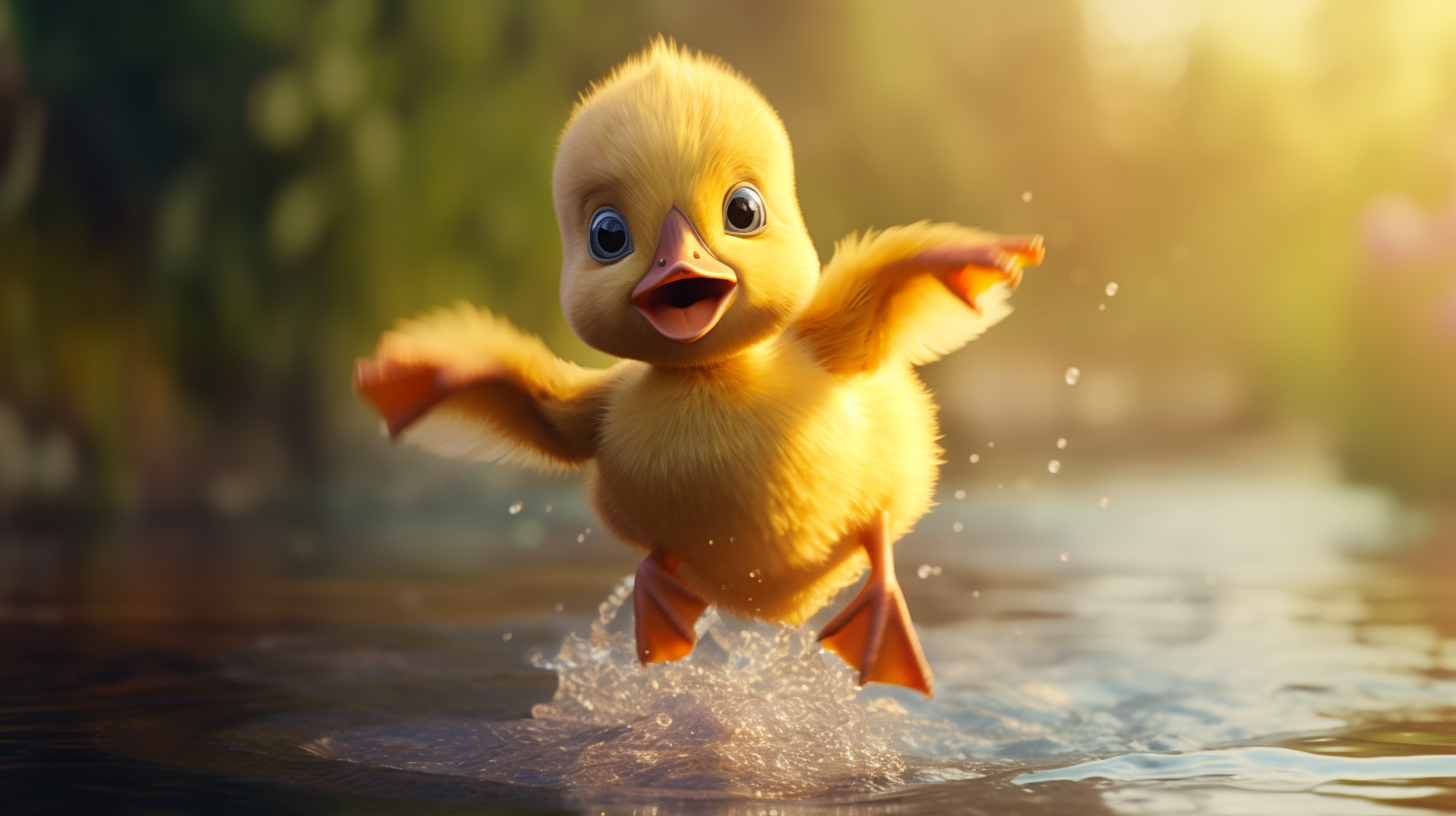 Cute duckling attempting to take flight