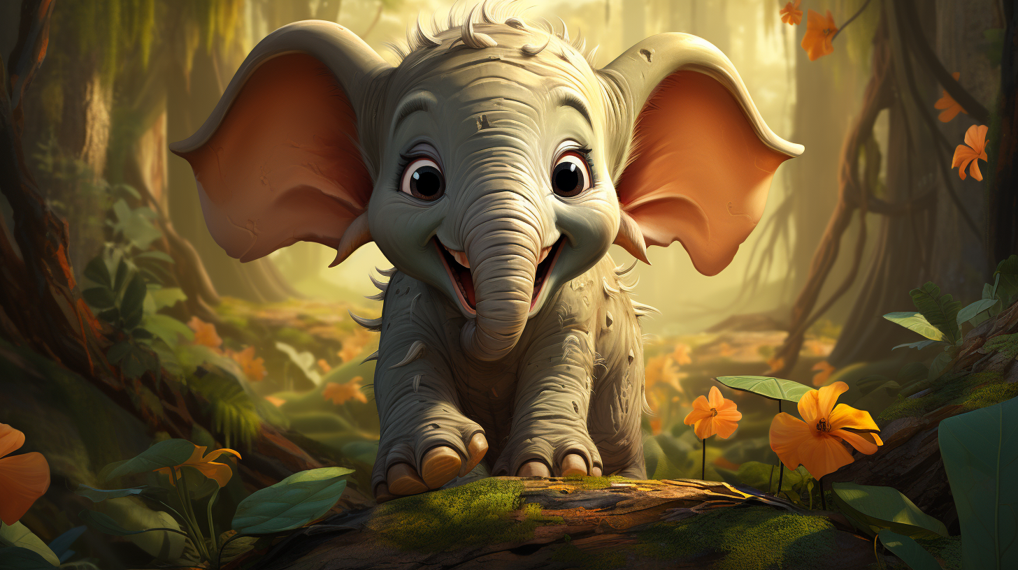 Cute elephant with big eyes smiling in the forest.