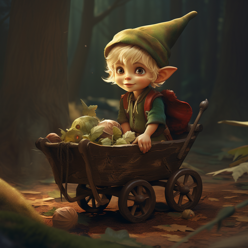 A charming elf pushing a barrow