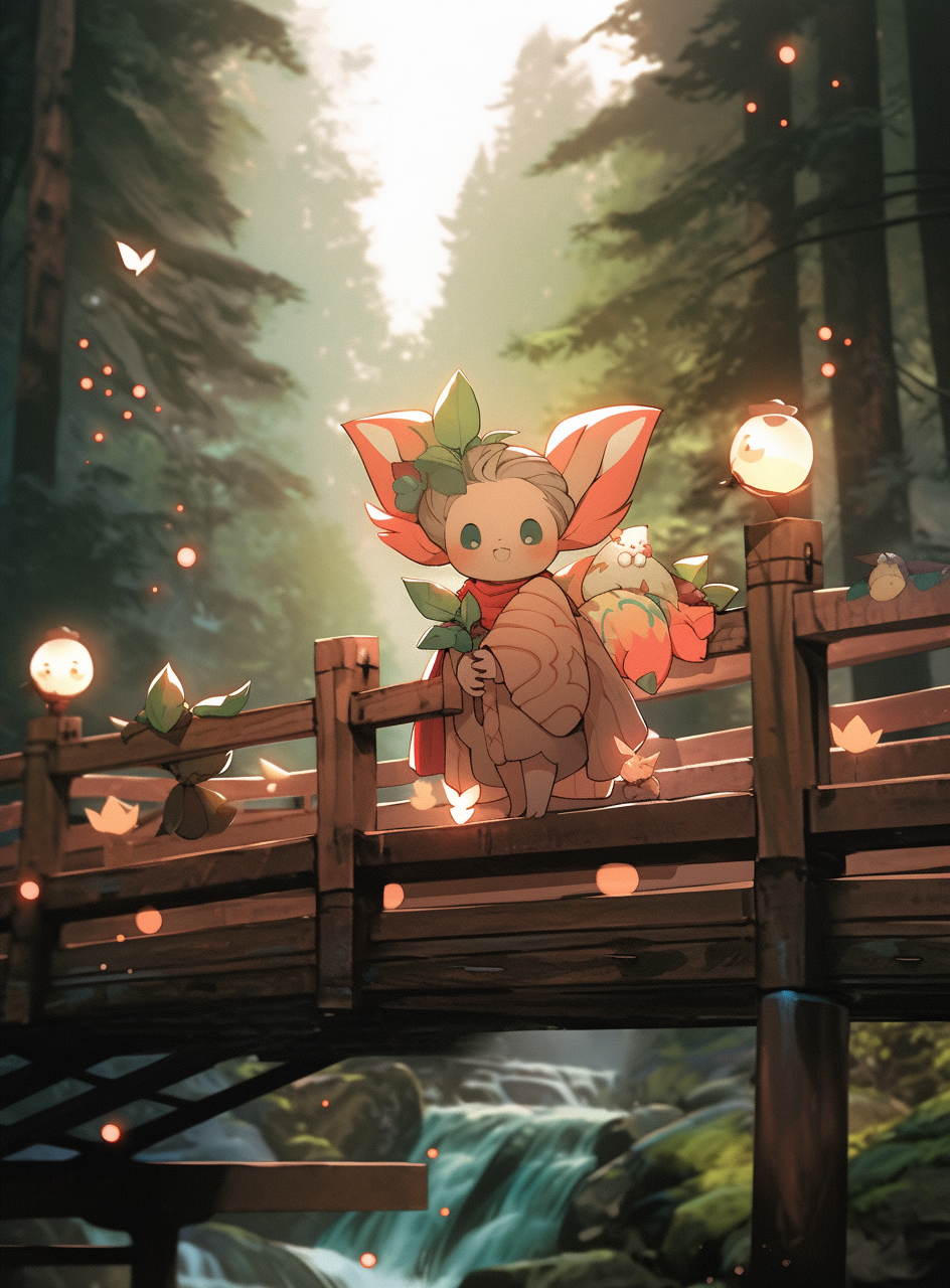 Cute elven creature on wooden bridge