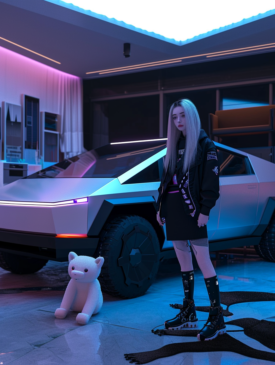 Cute emo girl in front of Tesla Cybertruck with white bear