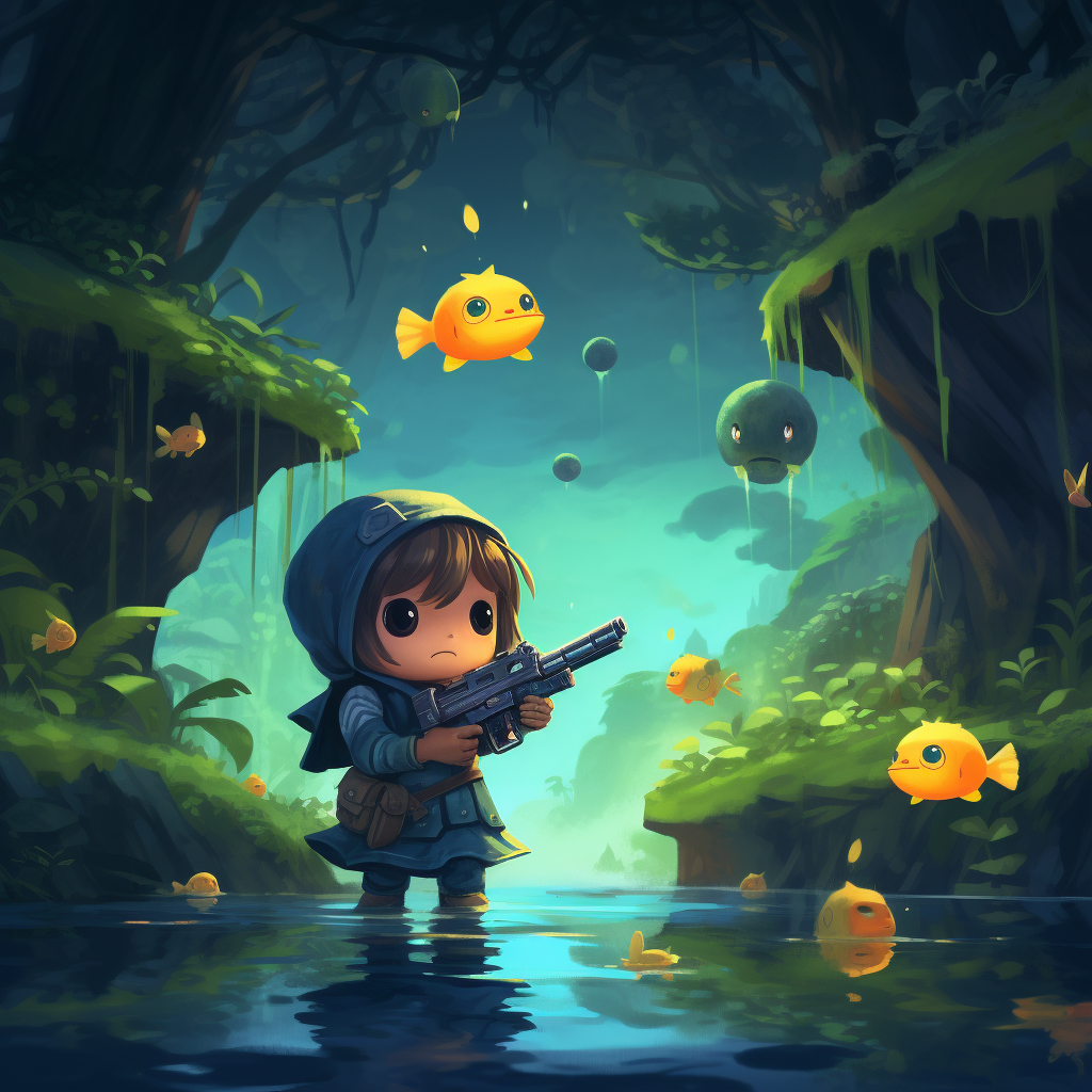 A player shooting a cute enemy with a water gun in a forest