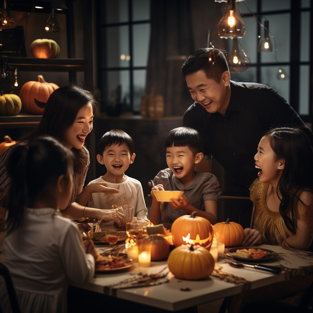 Happy family enjoying Halloween noodles