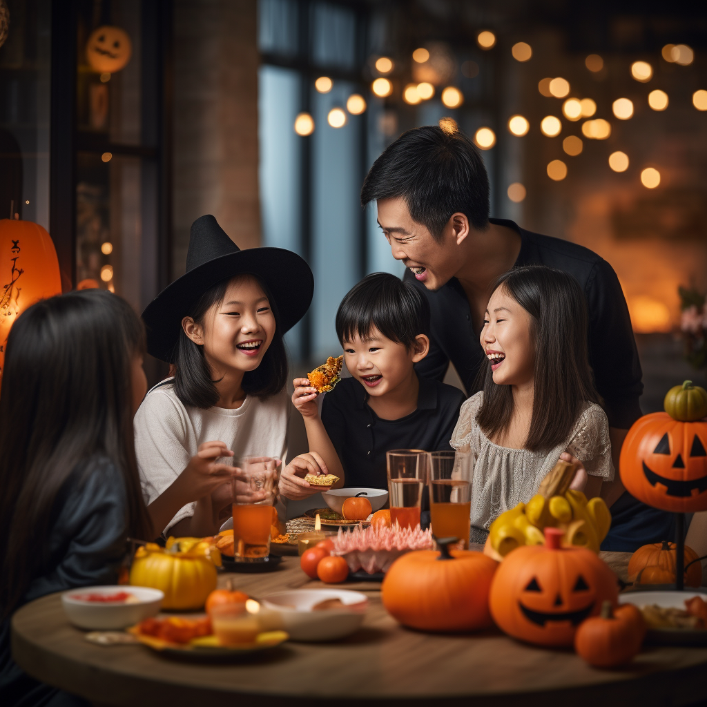 Happy family enjoying Halloween noodles