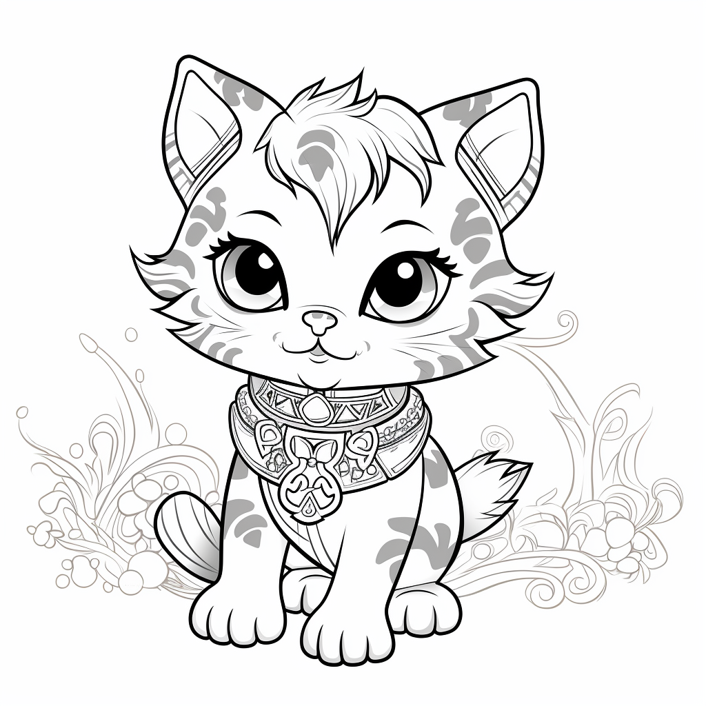 Coloring page of a cute fantasy animal kitten