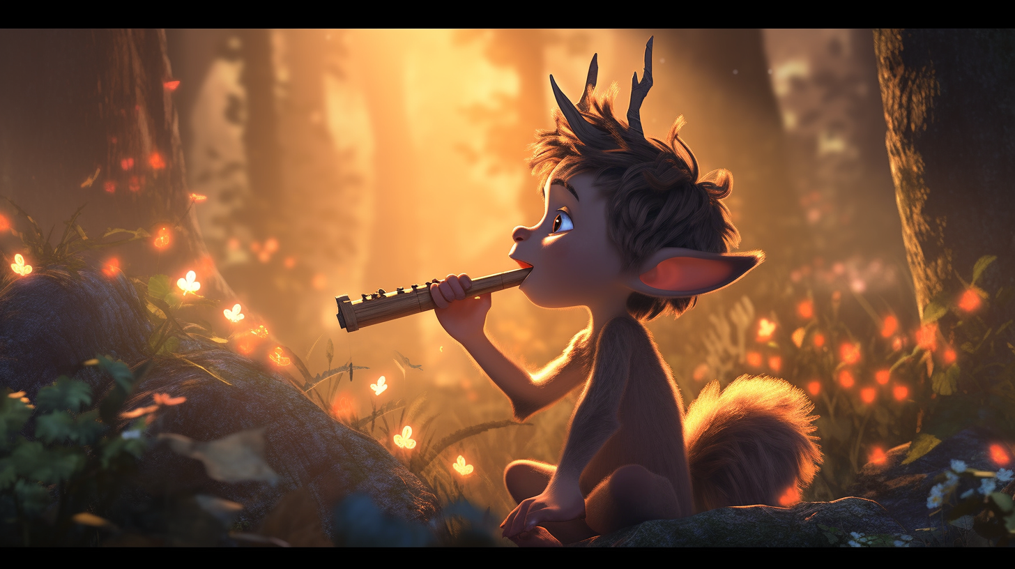 Adorable faun dancing in mystical forest