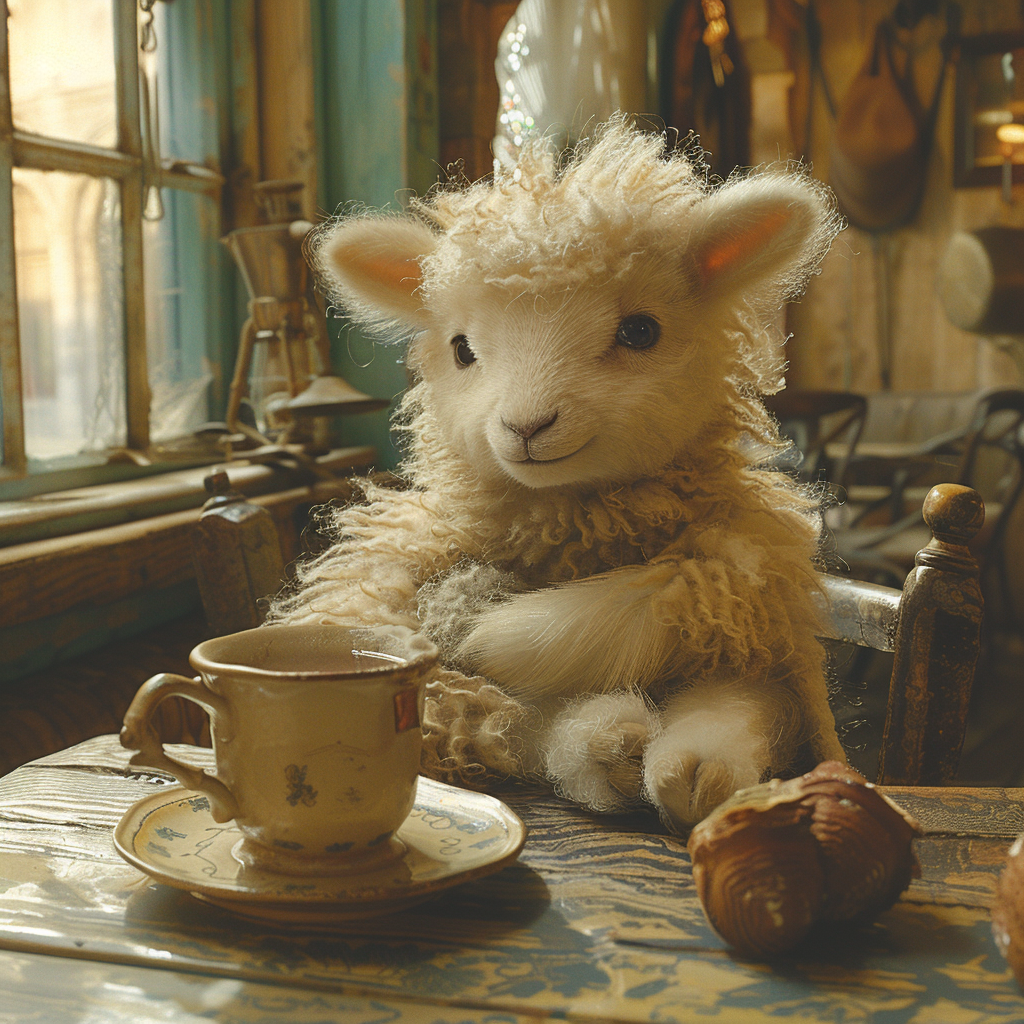 Cute Fluffy Baby Sheep Drinking Coffee