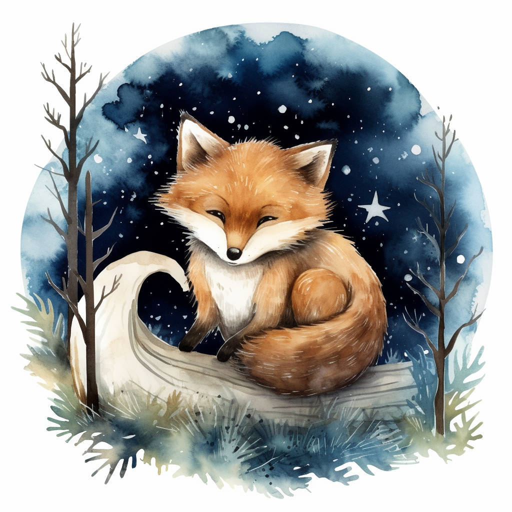 Watercolor art of cute forest animal sleeping on a white background with stars and a moon