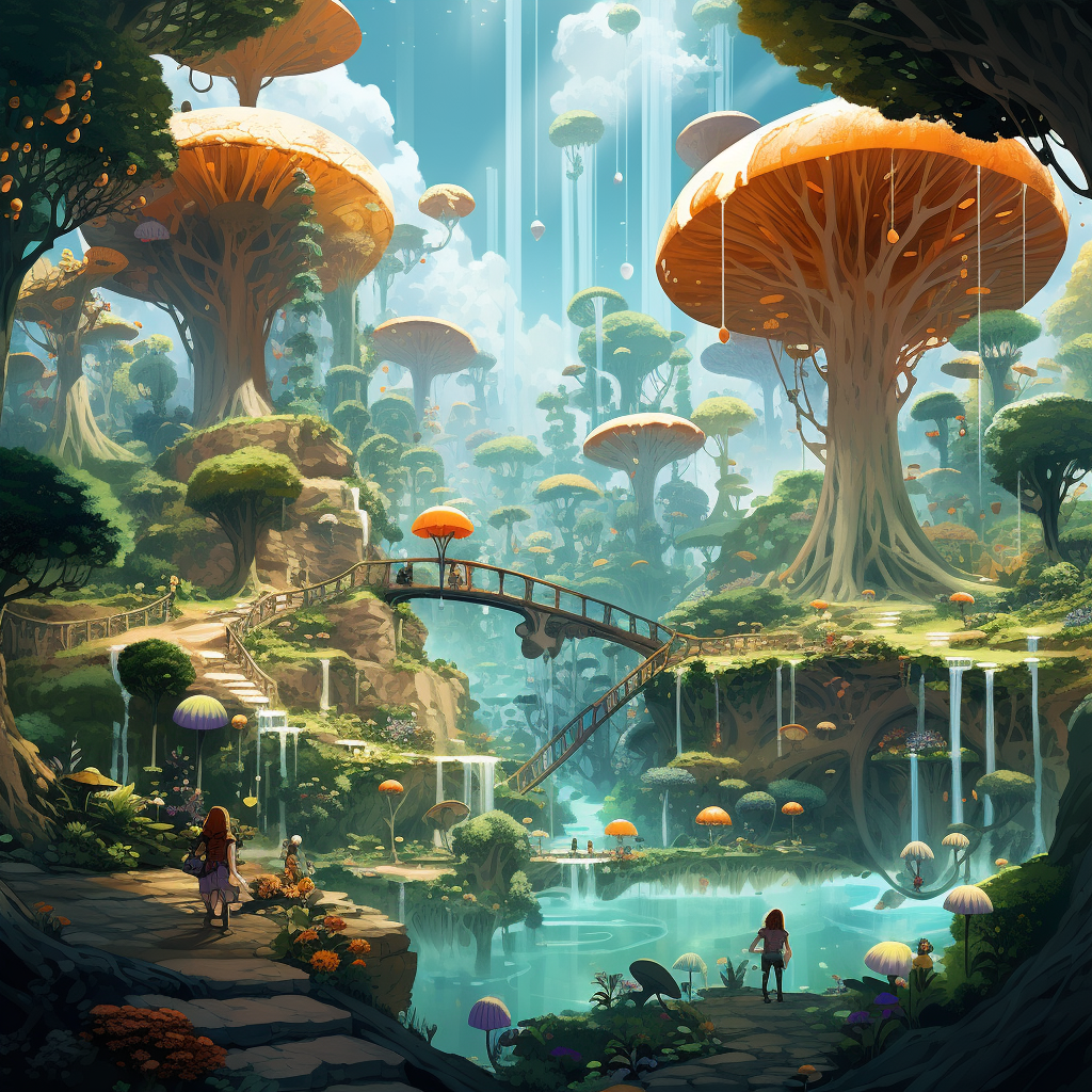 Cute creatures shooting water in futuristic forest