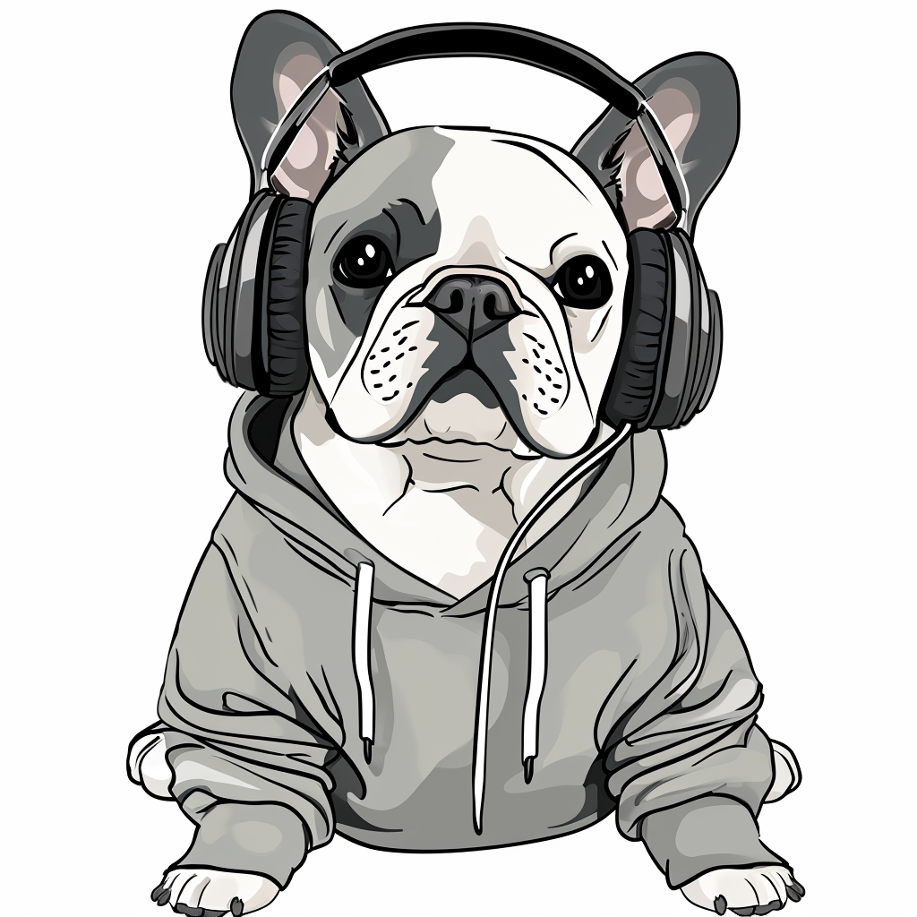 French Bulldog in Sweatshirt and Headphones