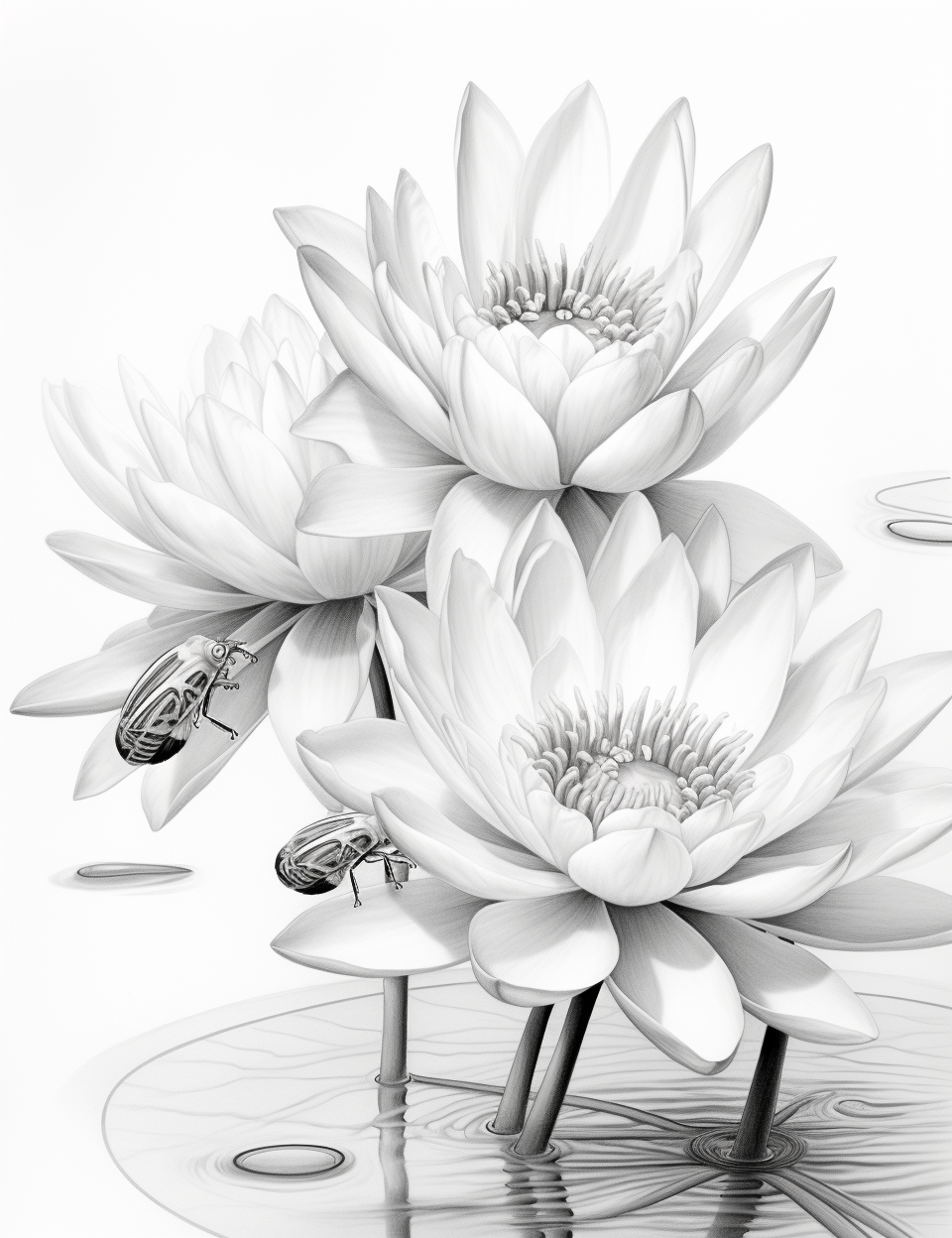 Hyper-realistic pencil sketch of cute frogs on a lily pad