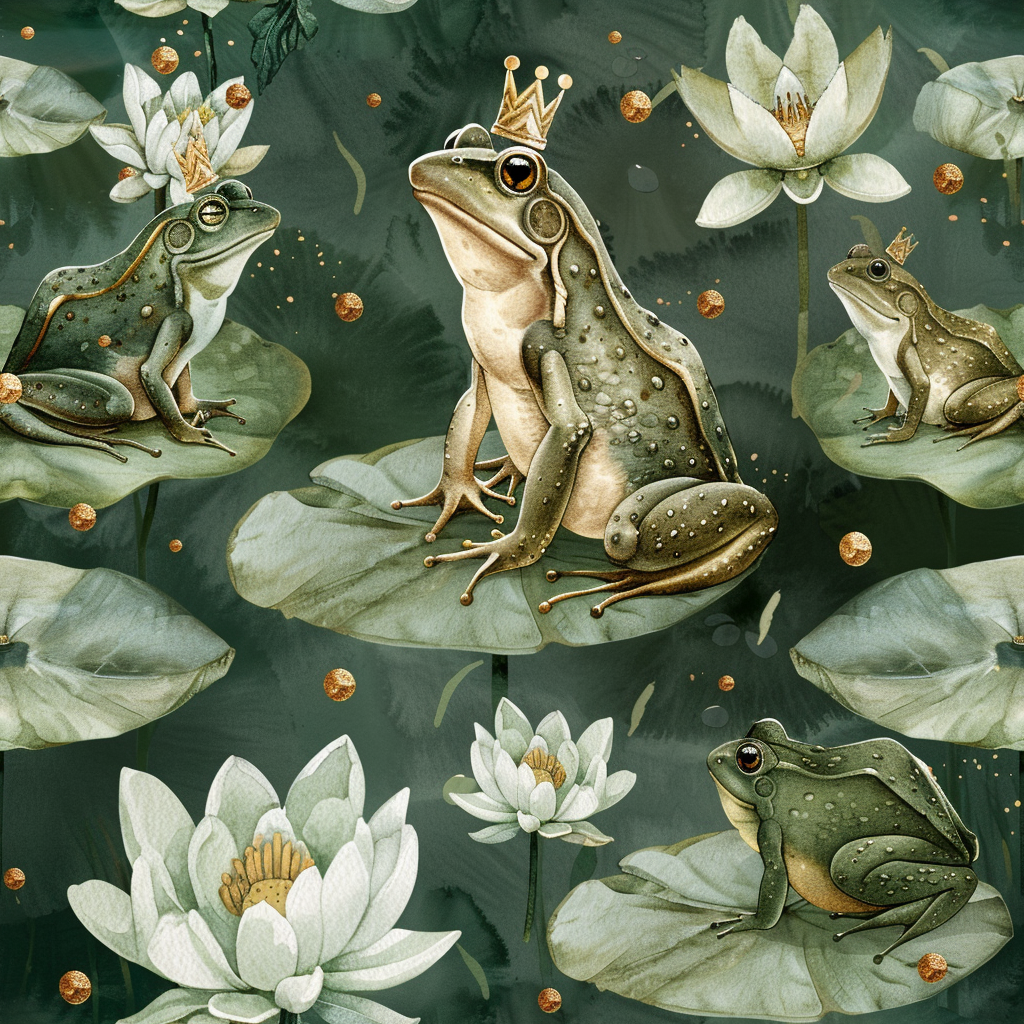 Cute frogs with crowns and lilies