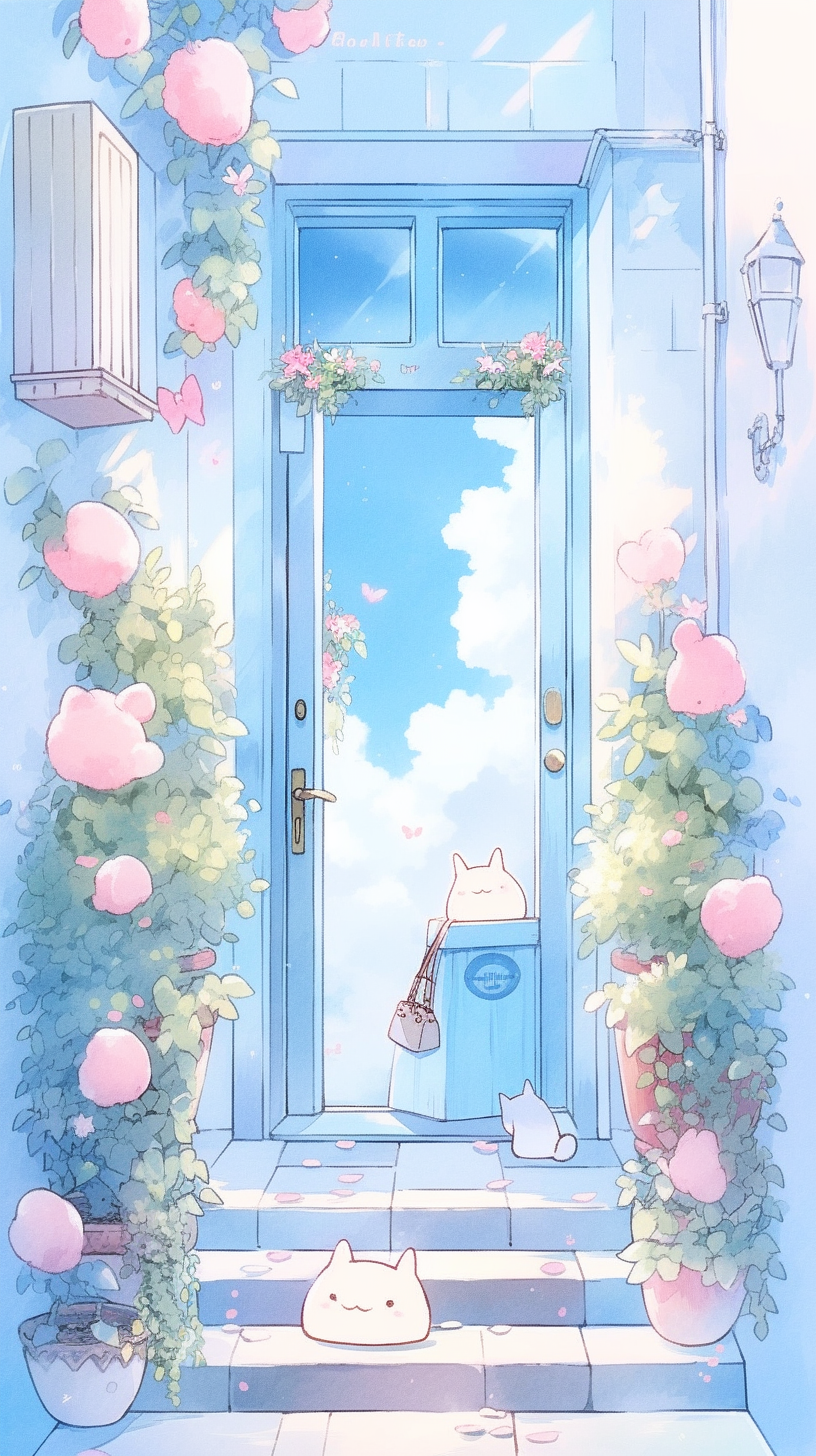 Cute front door in anime style