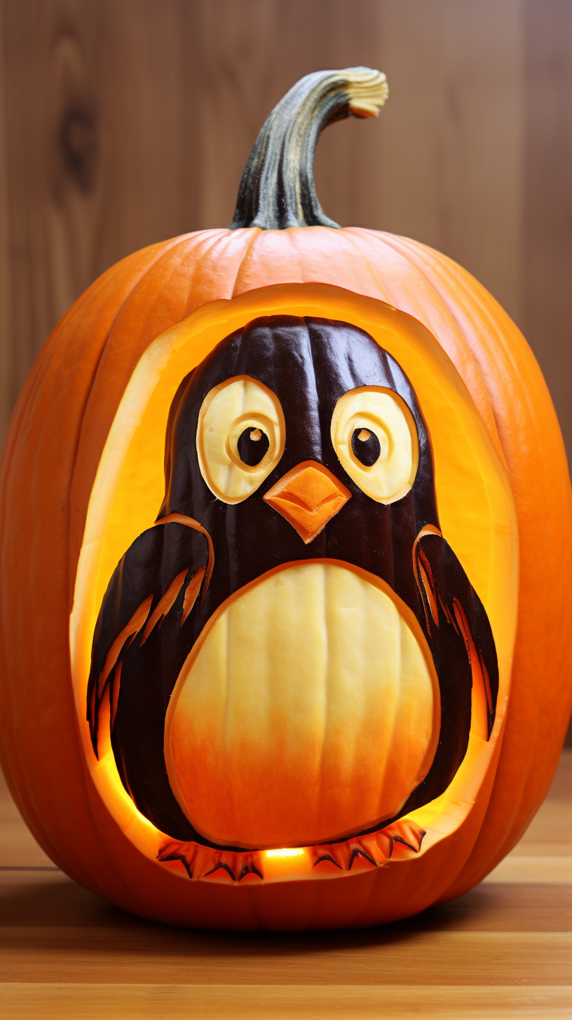 Cute penguin carving a pumpkin