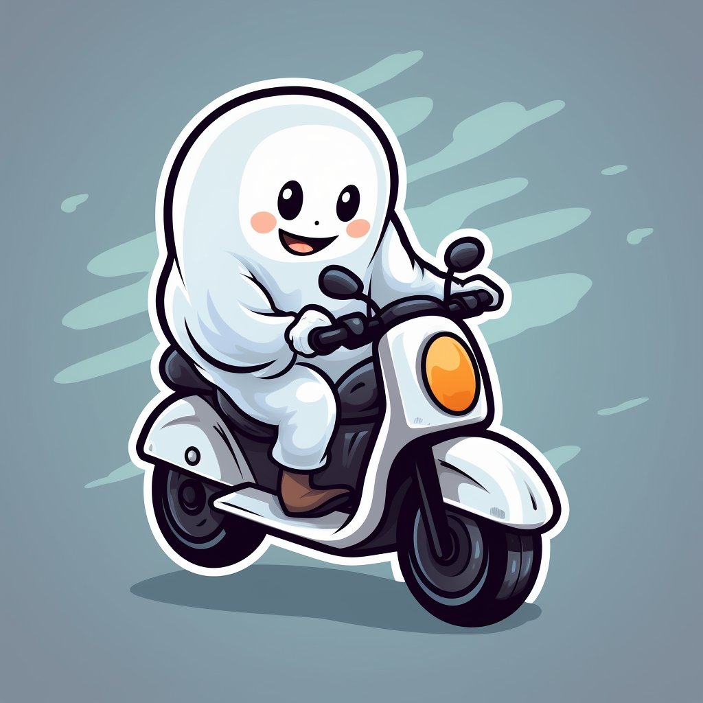 Cute funny cartoon ghost on scooter