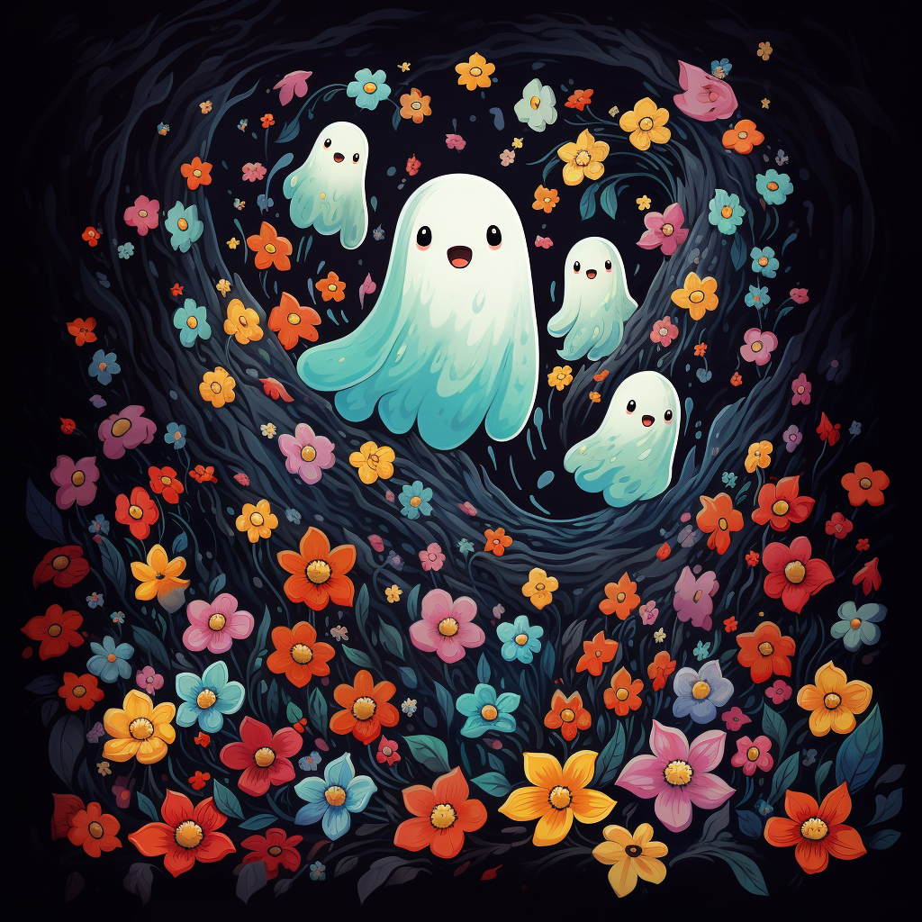 Cute ghosts floating over colorful flowers