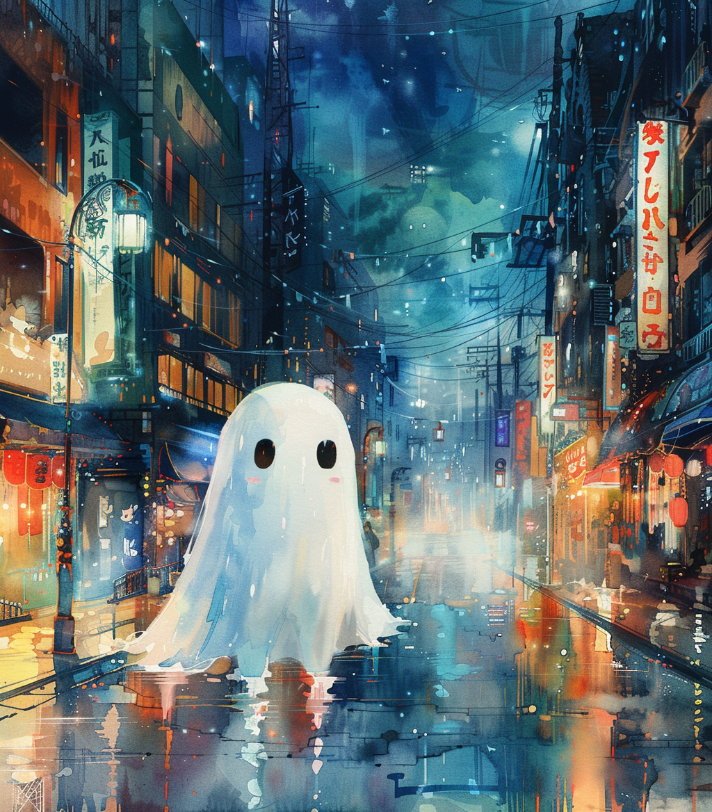 Cute Ghost Watercolor City