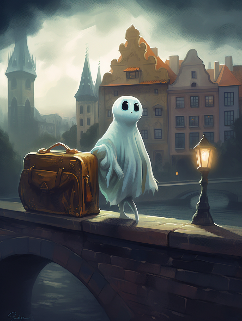 Cute ghost with a suitcase in Prague