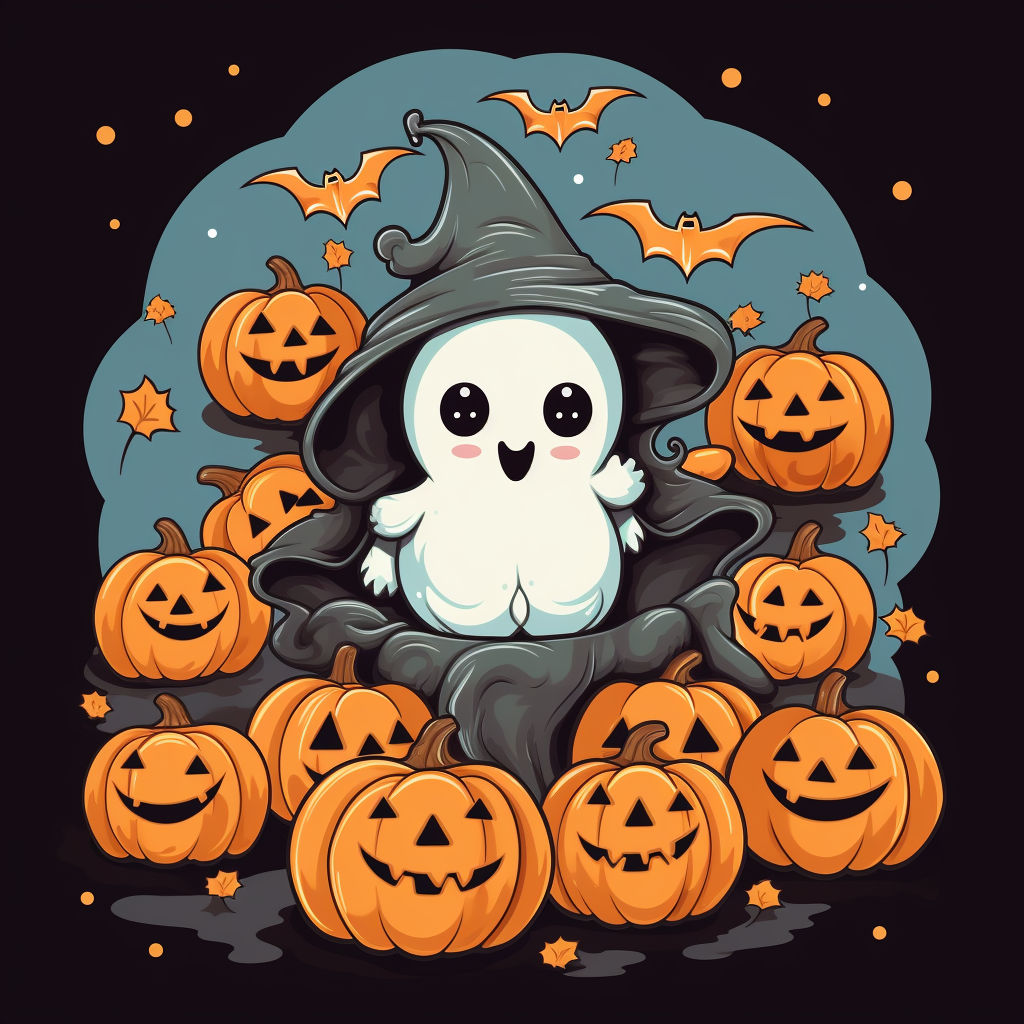 cute ghost surrounded by bats and pumpkins