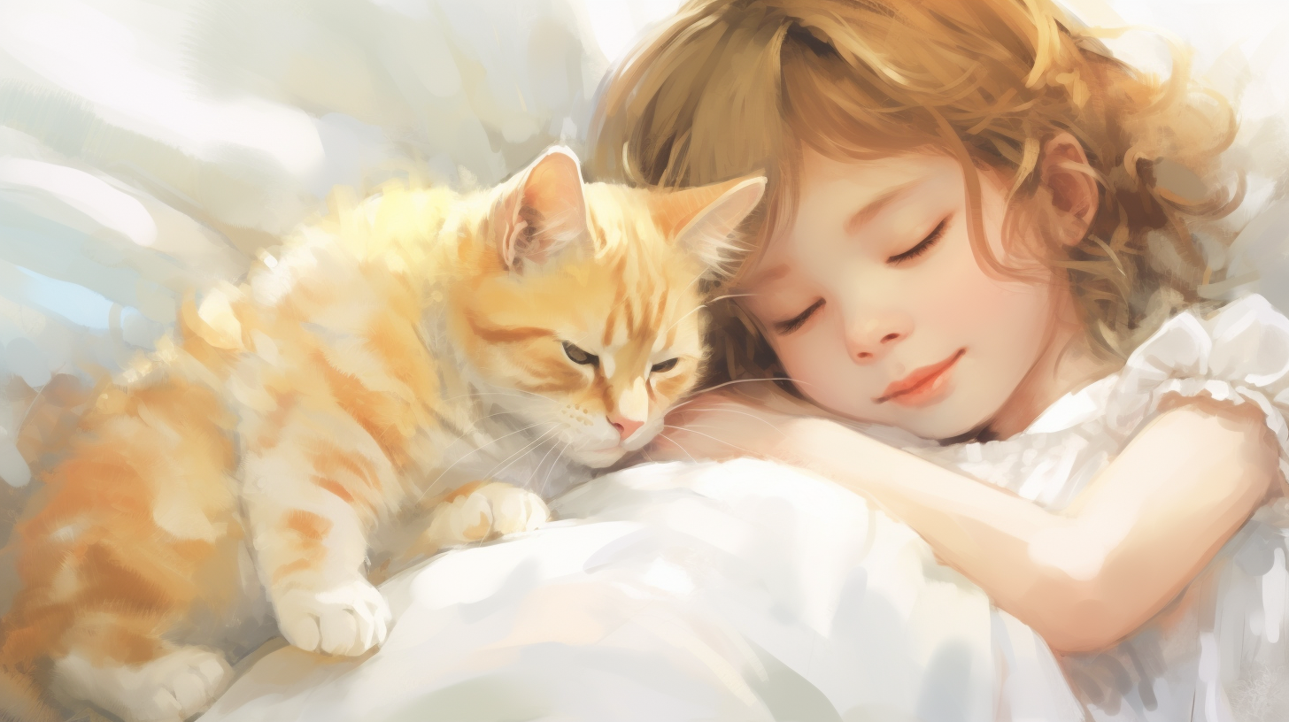 Cute girl angel sleeping with cat in heaven