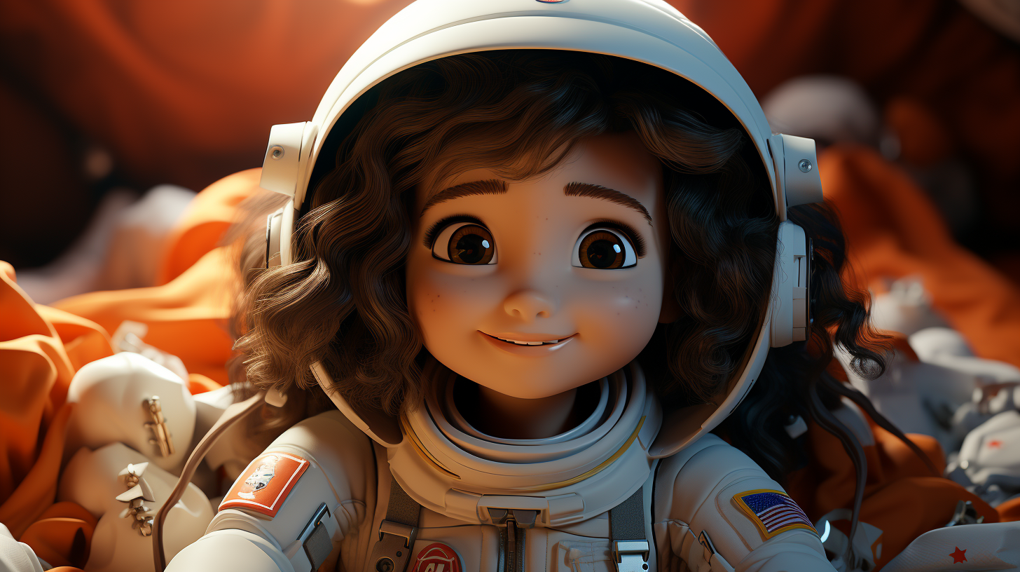 Cute girl in astronaut costume in messy bedroom