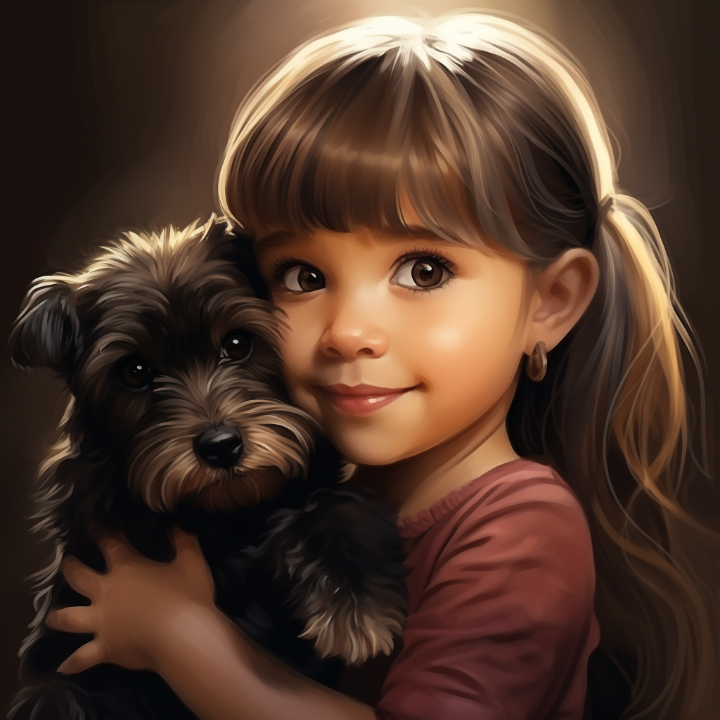 Little Girl with Braids and Schnauzer