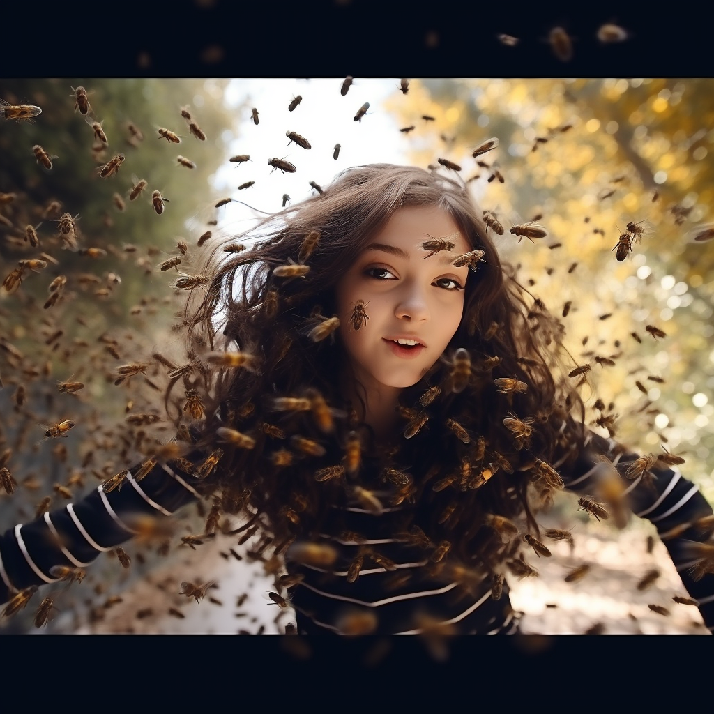 Cute girl surrounded by buzzing bees