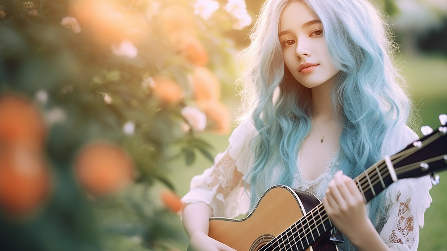 Gentle girl playing guitar with light blue hair