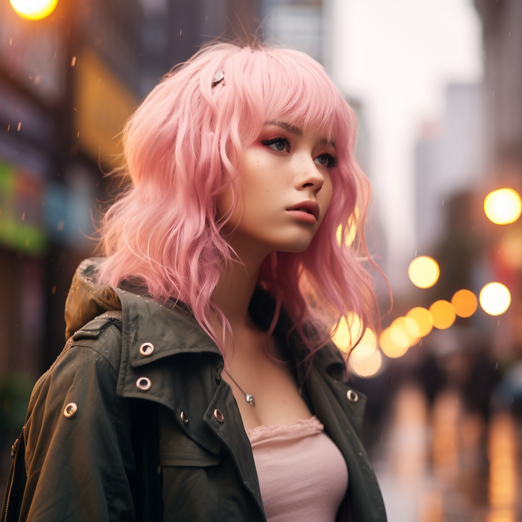 Cute girl with pink hair standing in Kyoto