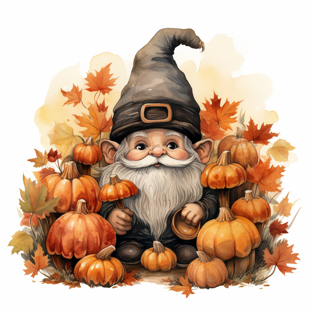 Cute gnome with pumpkins and foliage