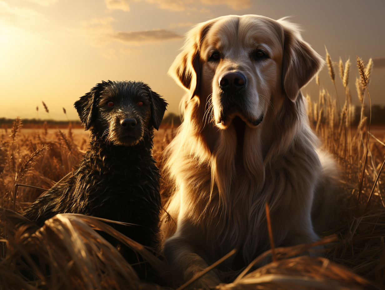 Cute golden retriever and black Fresian horse in grassfield