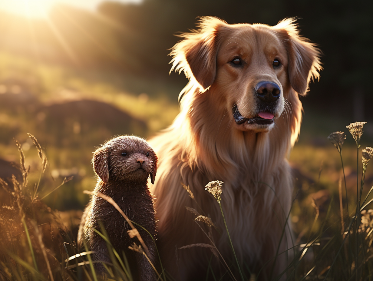 Cute golden retriever and black horse playing together