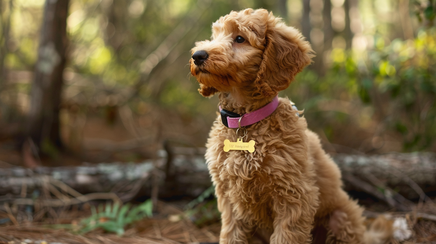 Cute goldendoodle with pink collar