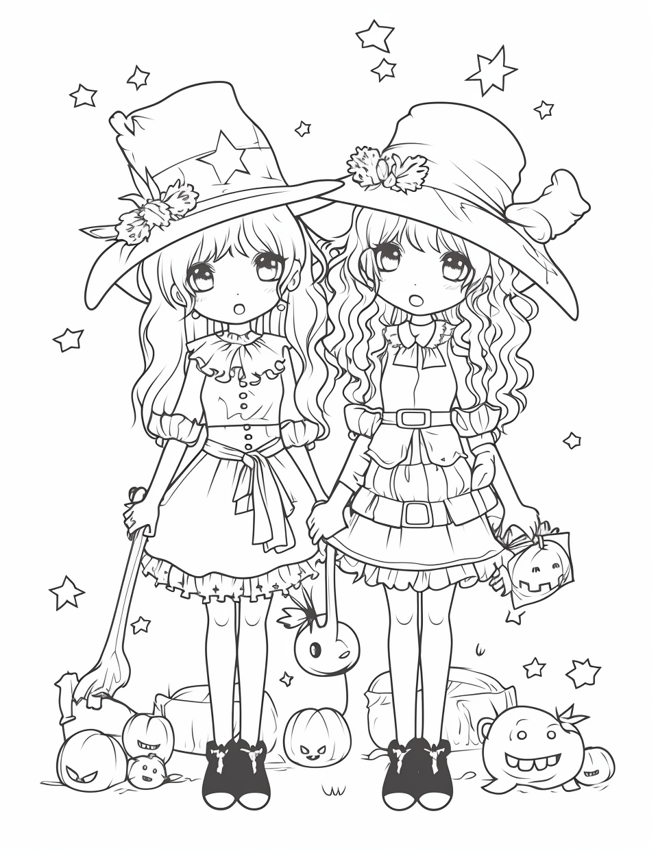 Cute Halloween Witches Coloring Page