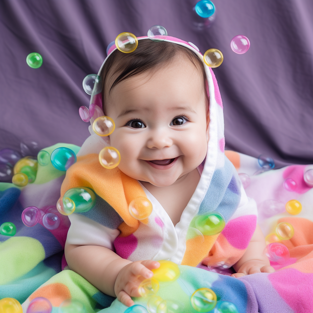 Cute happy baby in colorful bubbles