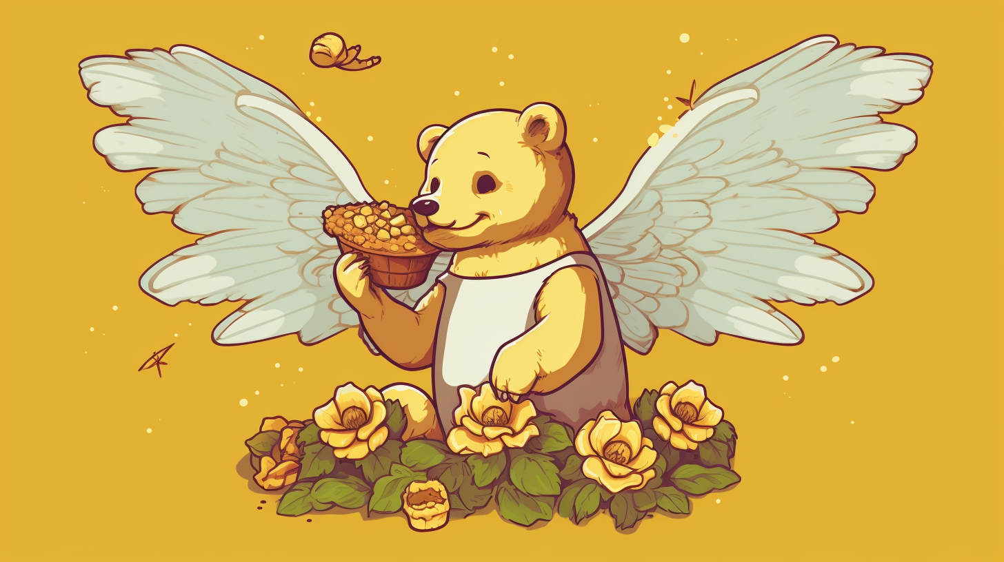 Cute bear with angel wings enjoying pizza