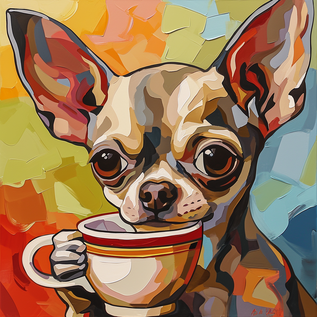 Cute happy chihuahua drinking coffee