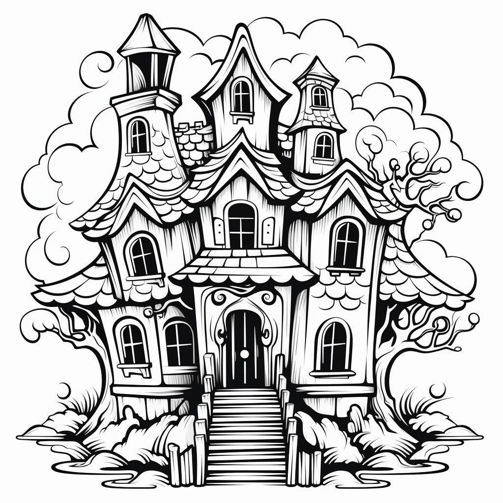 Black and white cute haunted house illustration