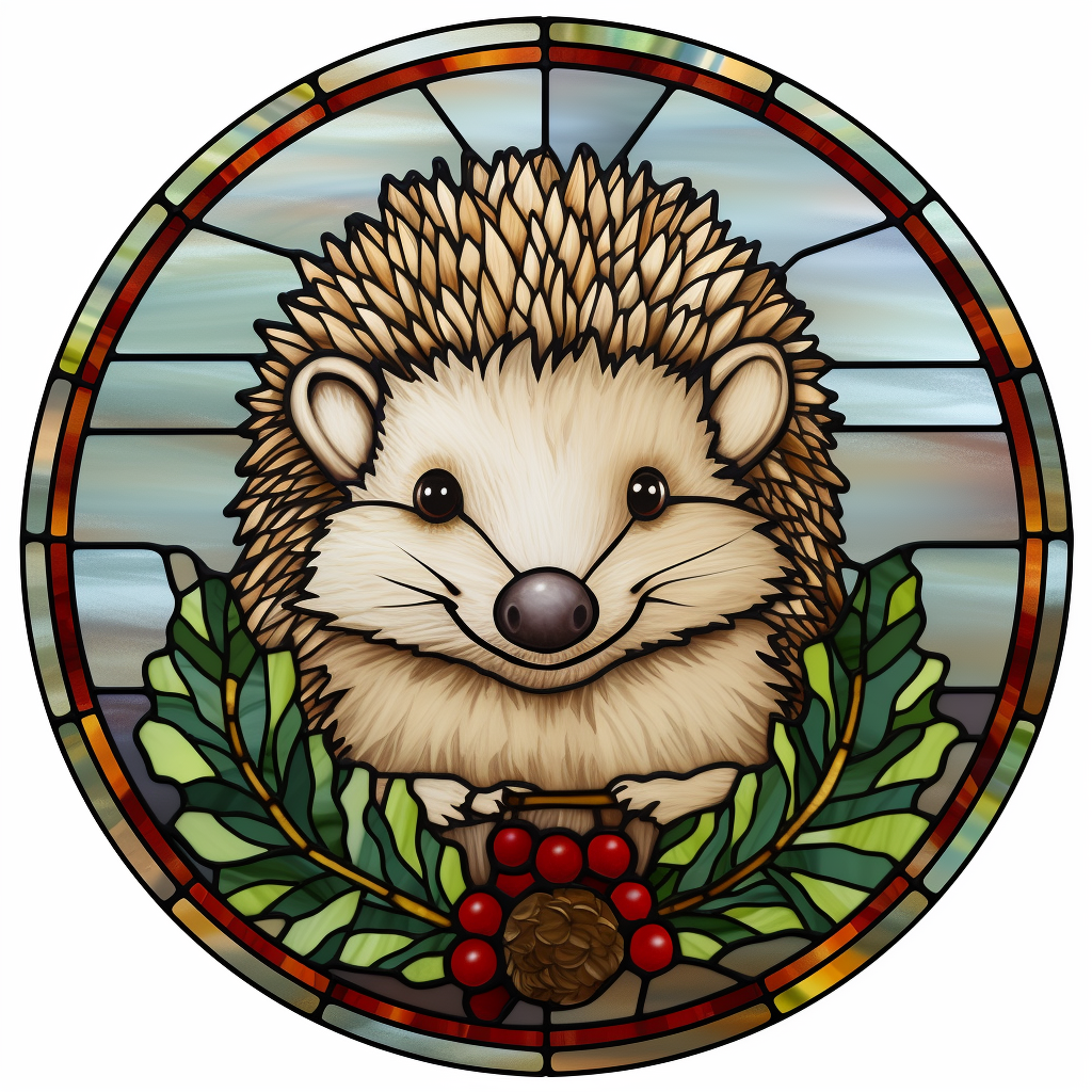 A cute Christmas hedgehog on stained glass