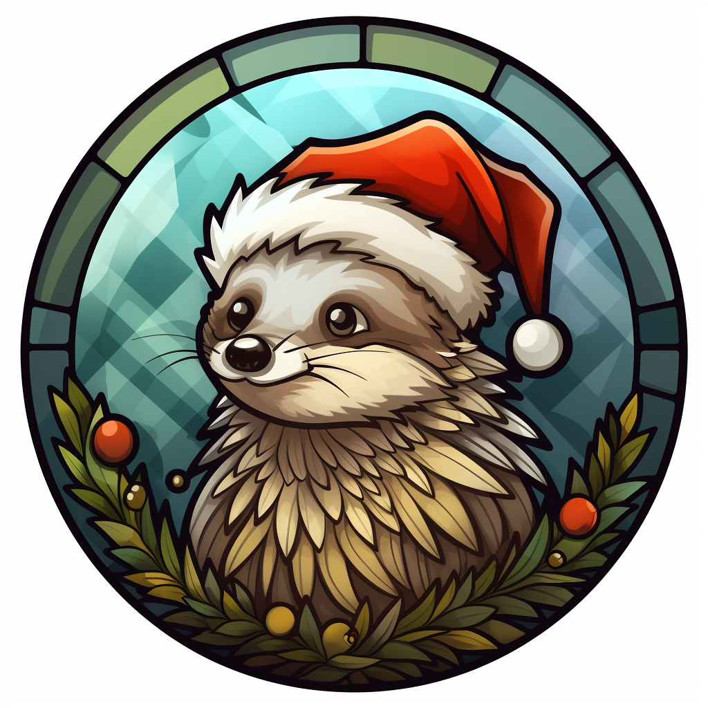 Cute hedgehog wearing Christmas hat in stained glass round design