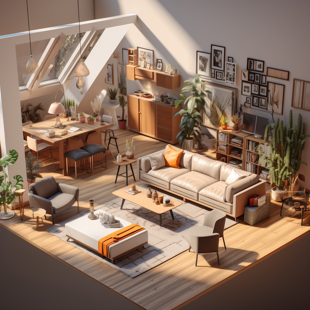 Isometric Basquiat living room scene