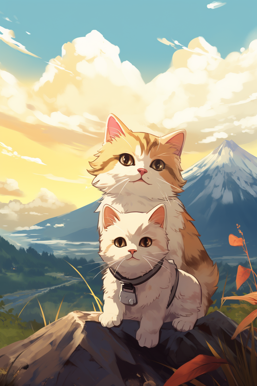 Two adorable Japanese cats in a mountain landscape