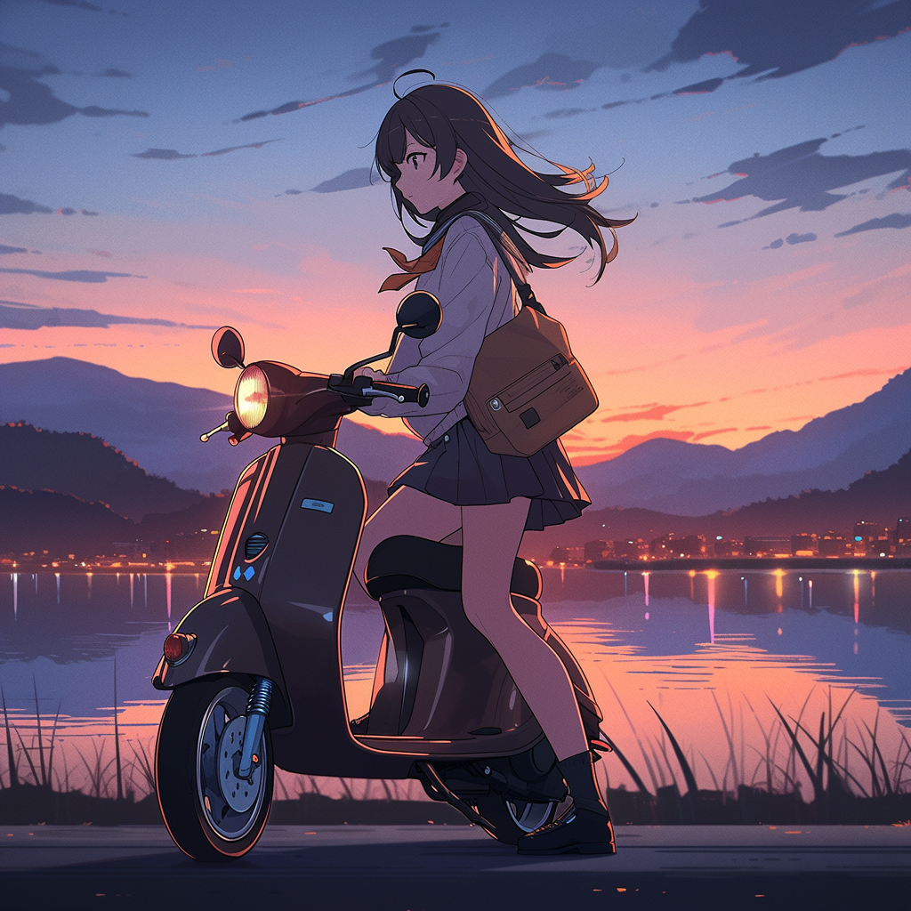 Cute Japanese girl riding scooter with stunning background