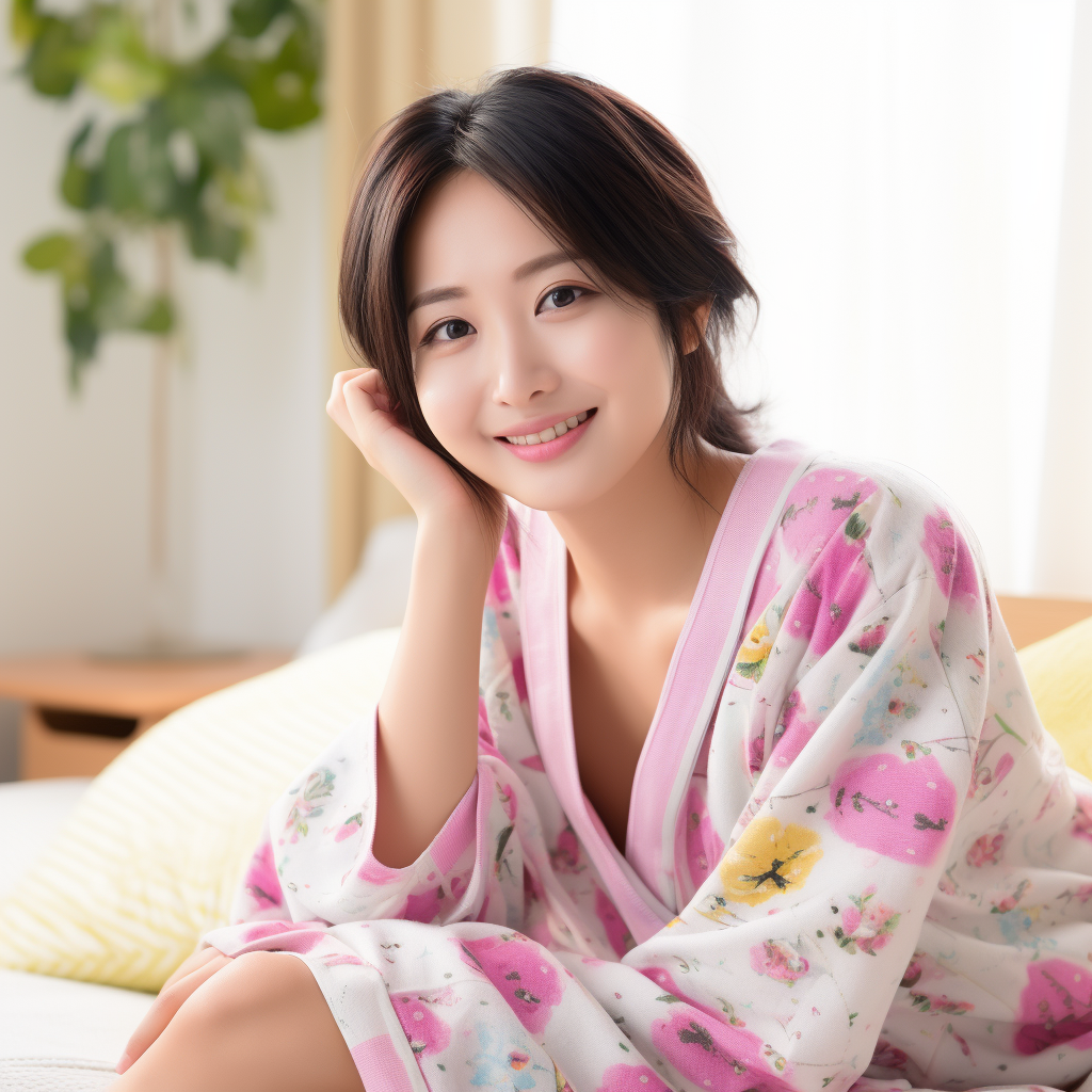 Smiling Japanese woman in adorable pajamas