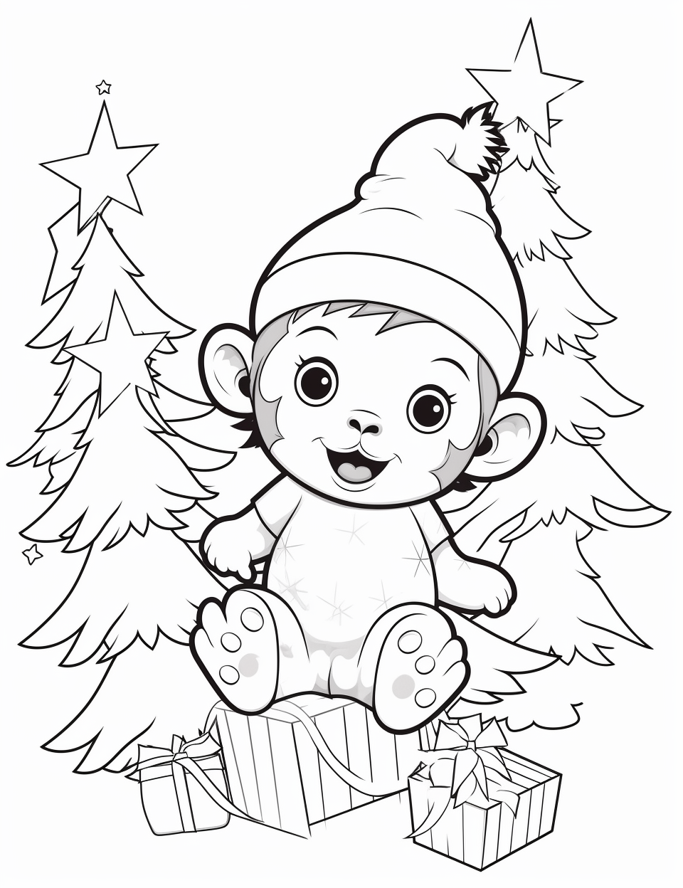 Cute baby monkey with Christmas cap on a tree