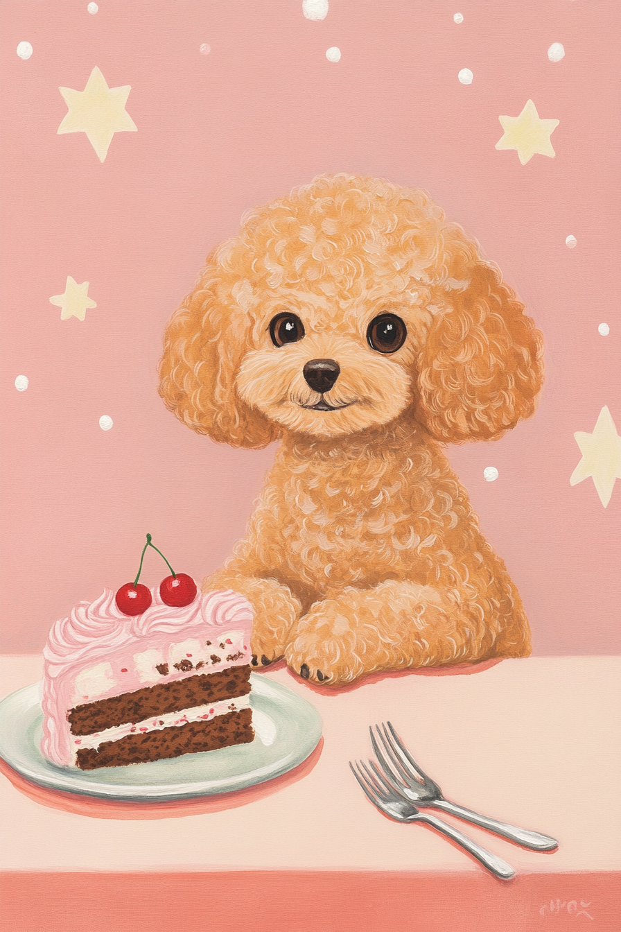 Cute Kawaii Toy Poodle Eating Cake